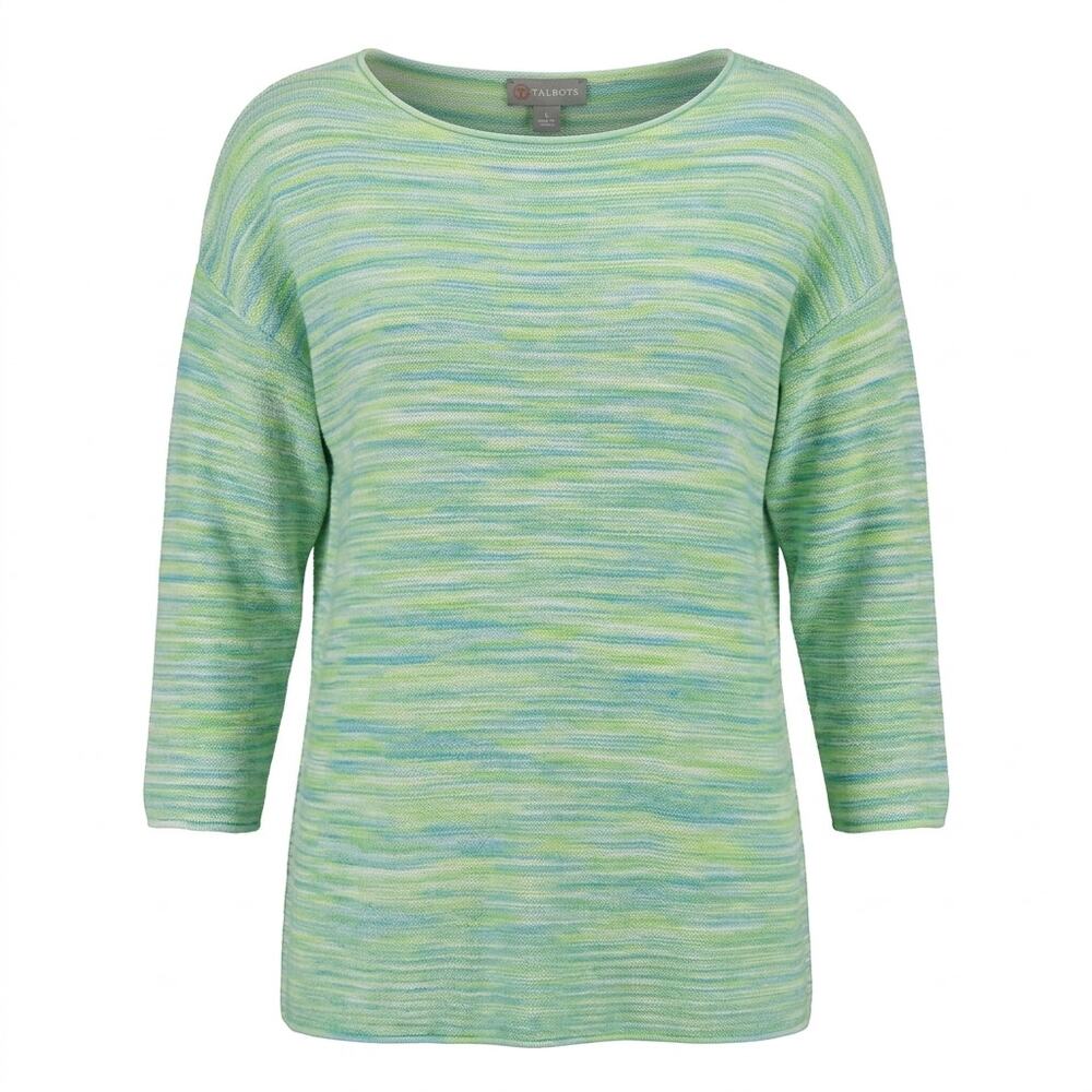 Talbots Green Blue Space Dye Boat Neck 3/4 Sleeve Knit Sweater Women Size L